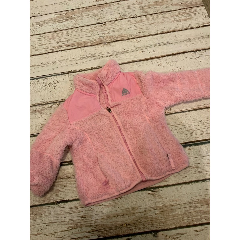 Snozu Kids Pink Fuzzy Sherpa Fleece Zip Up Jacket XS 5/6 Mountain Logo